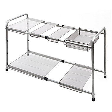 Squared Away&trade; 2-Tier Metal Mesh Expandable Under-the-Sink Storage Shelf in Matte Nickel. View a larger version of this product image.