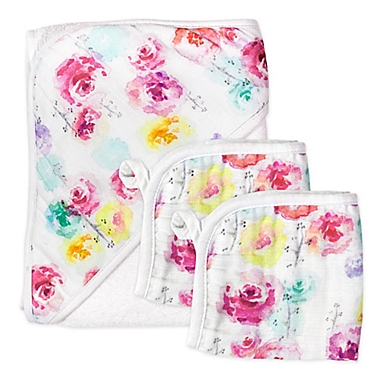The Honest Company&reg; 3-Piece Rose Blossom Hooded Towel and Washcloth Set. View a larger version of this product image.
