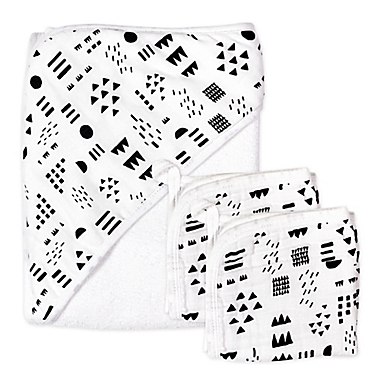 The Honest Company&reg; 3-Piece Pattern Play Hooded Towel and Washcloth Set in White/Black. View a larger version of this product image.