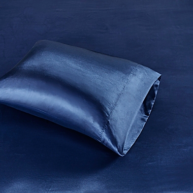 Madison Park&reg; Essentials Satin Solid Full Sheet Set in Navy. View a larger version of this product image.