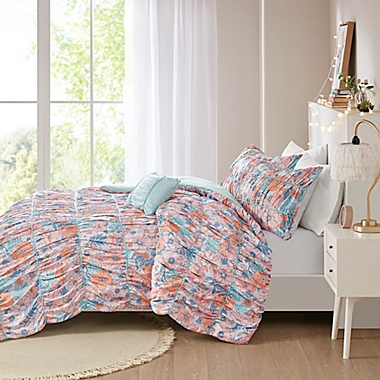 Intelligent Design Mae Floral Printed Ruched 3-Piece Twin/Twin XL Comforter Set in Pink/Blue. View a larger version of this product image.