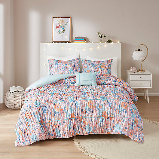Alternate image 1 for Intelligent Design Mae Floral Printed Ruched 4-Piece Full/Queen Comforter Set in Pink/Blue