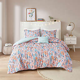 Intelligent Design Mae Floral Printed Ruched 4-Piece Full/Queen Comforter Set in Pink/Blue