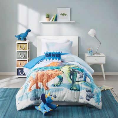 Kids Teddy Sherpa Dinosaur Roar Duvet Quilt Cover Set Blue Reversible Single Bed 