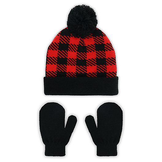 Alternate image 1 for Capelli New York Toddler 2-Piece Buffalo Plaid Cuff Pom Beanie and Mitten Set in Red