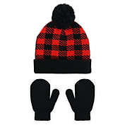 Capelli New York Toddler 2-Piece Buffalo Plaid Cuff Pom Beanie and Mitten Set in Red