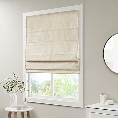 Madison Park&reg; Como 27-Inch x 64-Inch Printed Faux Silk Room Darkening Cordless Roman Shade in Ivory. View a larger version of this product image.