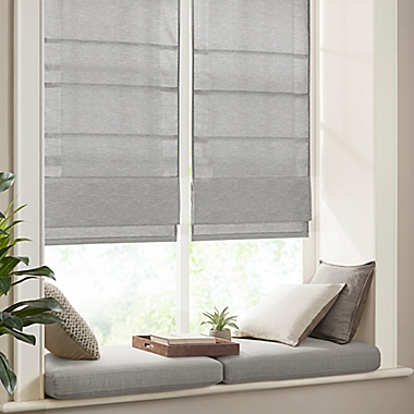 Madison Park&reg; Como 39-Inch x 64-Inch Printed Faux Silk Room Darkening Cordless Roman Shade in Grey. View a larger version of this product image.