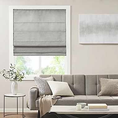Madison Park&reg; Como 39-Inch x 64-Inch Printed Faux Silk Room Darkening Cordless Roman Shade in Grey. View a larger version of this product image.