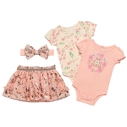 Alternate image 1 for Baby Starters® Newborn 4-Piece BeYoutiful Bodysuit, Tutu and Headband Set in Pink/Rose Gold
