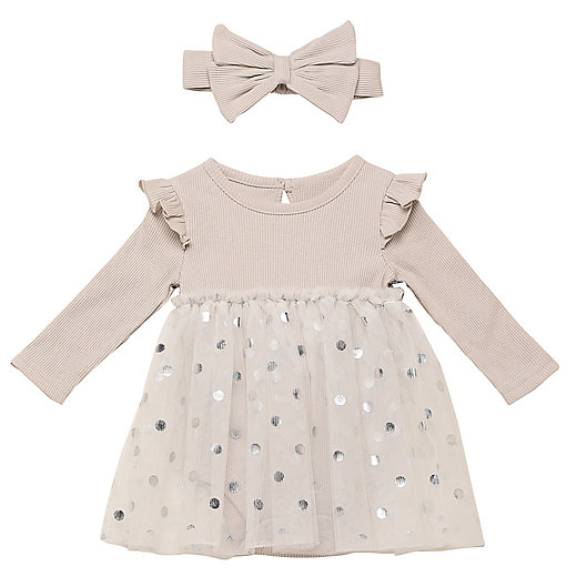 Alternate image 1 for Baby Starters® 2-Piece Dot Dress and Headband Set in Grey
