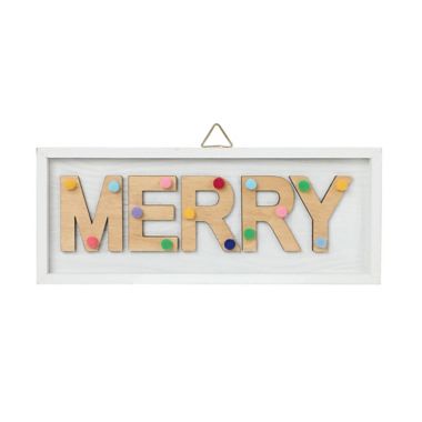 H for Happy&trade; Pom Pom Painted "Merry" Sign in White. View a larger version of this product image.