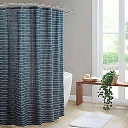 Clean Spaces Alder Texture Striped 100% Recycled Fiber Woven Shower Curtain in Navy