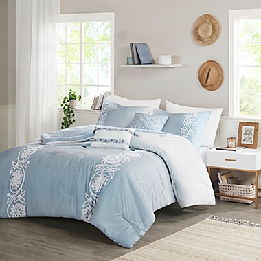 Madison Park Olivia Cotton 5-Piece Full/Queen Comforter Set in Blue. View a larger version of this product image.