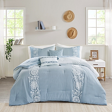 Madison Park Olivia Cotton 5-Piece Full/Queen Comforter Set in Blue. View a larger version of this product image.
