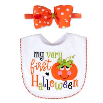 Baby Essentials 2-Piece First Halloween Bib and Headband Bow Set in White