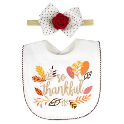 Baby Essentials 2-Piece &quot;So Thankful&quot; Bib and Headband Bow Set in Brown