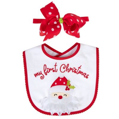 Baby Essentials 2-Piece First Christmas Bib and Headband Bow Set in Red