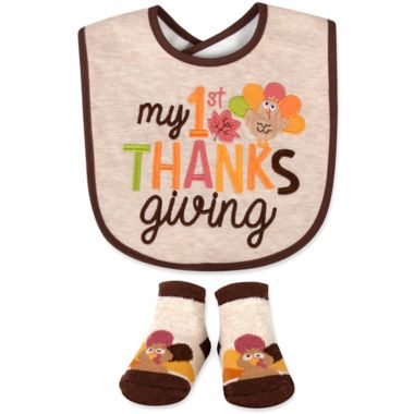 Baby Essentials 2-Piece "My 1st Thanksgiving" Bib and Bootie Set in Oatmeal. View a larger version of this product image.