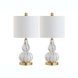 JONATHAN Y Anya Mini Table Lamps in Black/White with Linen Shades (Set of 2)