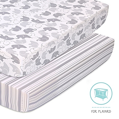 The Peanutshell&trade; 2-Pack Playard Fitted Sheets in Elephants & Stripes. View a larger version of this product image.