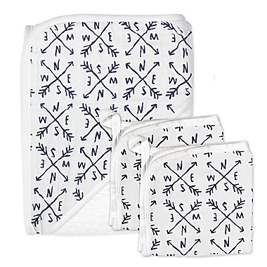 The Honest Company&reg; 3-Piece Compass Hooded Towel and Washcloth Set in White/Navy. View a larger version of this product image.