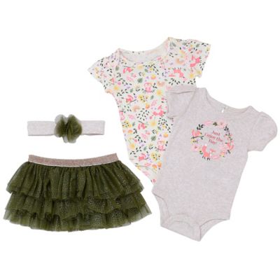 Baby Starters&reg; Newborn 4-Piece Floral Fox Bodysuit, Tutu and Headband Set in Black/Pink
