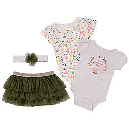 Baby Starters® Newborn 4-Piece Floral Fox Bodysuit, Tutu and Headband Set in Black/Pink