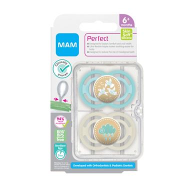 MAM Perfect Orthodontic Size 6+ Months 2-Pack Unisex Pacifiers in Green/Yellow. View a larger version of this product image.