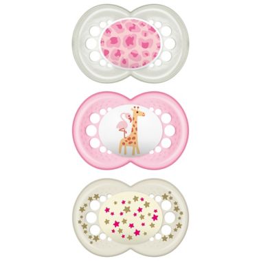 MAM Day/Night 6-12M 3-Pack Pacifiers in Pink. View a larger version of this product image.