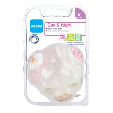 MAM Day/Night 6-12M 3-Pack Pacifiers in Pink. View a larger version of this product image.