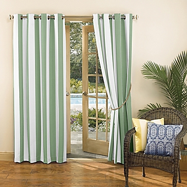 Sun Zero Valencia Cabana Stripe Indoor/Outdoor 84-Inch Grommet Window Curtain Panel in Spa Green. View a larger version of this product image.