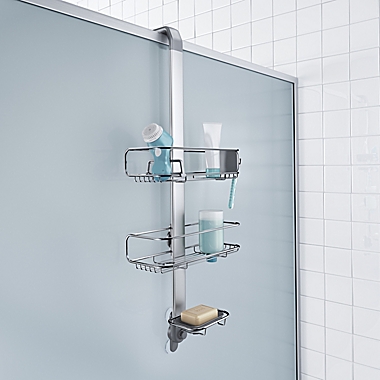 simplehuman&reg; Over-the-Door Shower Caddy in Stainless Steel. View a larger version of this product image.
