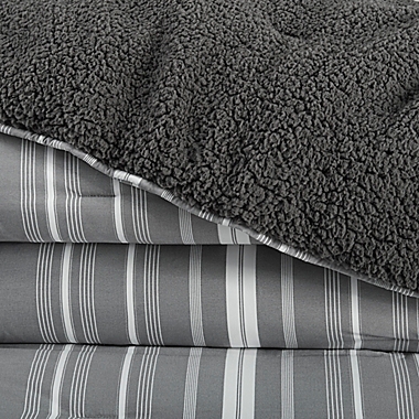 UGG&reg; Devon Sherpa 3-Piece Full/Queen Reversible Comforter Set in Charcoal Stripe. View a larger version of this product image.