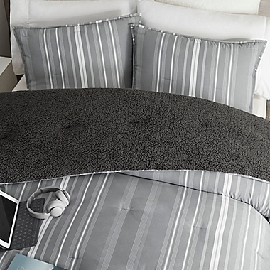 UGG&reg; Devon Sherpa 3-Piece Full/Queen Reversible Comforter Set in Charcoal Stripe. View a larger version of this product image.