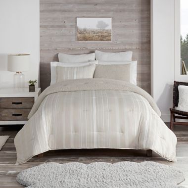 UGG&reg; Devon Sherpa 3-Piece Full/Queen Reversible Comforter Set in Shoreline Stripe. View a larger version of this product image.