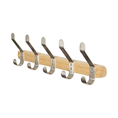 Squared Away&trade; Wall Mounted 5-Hook Wood and Metal Rack in Brushed Nickel. View a larger version of this product image.