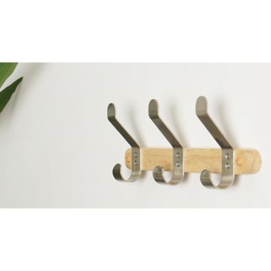 Squared Away&trade; Wall Mounted 3-Hook Wood and Metal Rack in Brushed Nickel. View a larger version of this product image.
