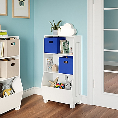RiverRidge Home&reg; 23-Inch Kids Bookcase and Toy Organizer in White with Blue Bins. View a larger version of this product image.