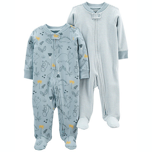Alternate image 1 for carter's® 2-Pack Dino/Stripe Cotton Zip-Up Sleep & Plays in Blue
