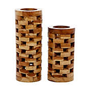 Ridge Road Decor 2-Piece Teak Wood Coastal Vase Set in Brown/Multi