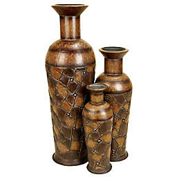 Ridge Road Décor Rustic Metal Urn Floor Vases in Earth Brown (Set of 3)