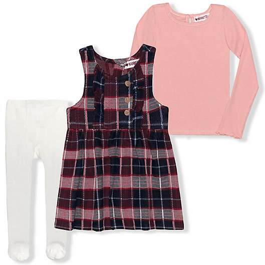 Alternate image 1 for Nannette Baby® 3-Piece Plaid Jumper, Bodysuit and Tights Set in Coral