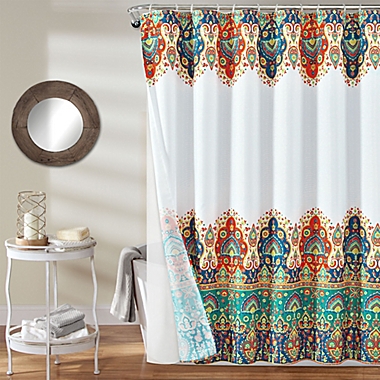 Lush Decor Bohemian Meadow 14-Piece Shower Curtain Set in Navy. View a larger version of this product image.