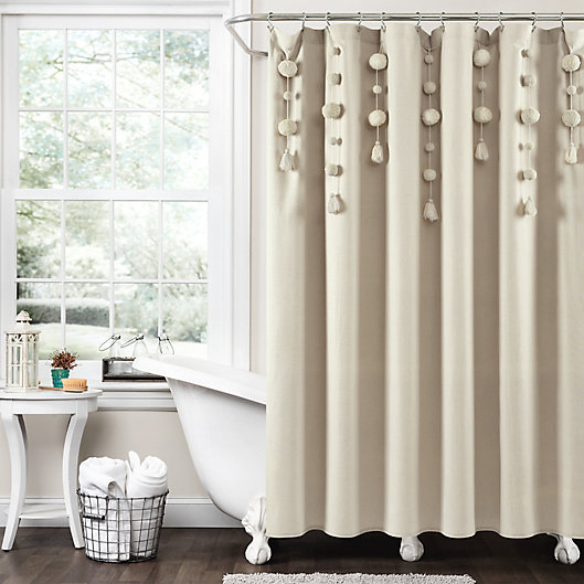 Boho Pom Tassel Shower Curtain, Navy Blue And White Ruffle Shower Curtain