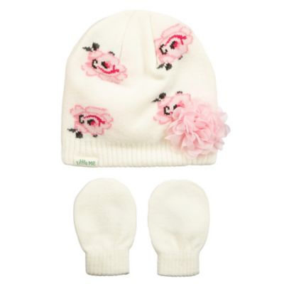 Little Me&reg; Size 3-9M Flower Hat and Mitten Set in Pink/Ivory