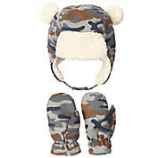 Nolan Originals Toddler Sherpa Camouflage Bear Trapper Hat and Mittens Set in Grey