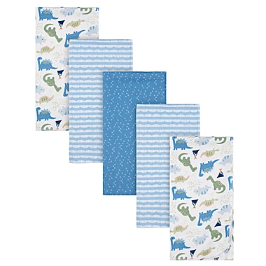 Gerber&reg; 5-Pack Dinosaur Flannel Blankets in Blue. View a larger version of this product image.