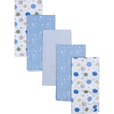 Gerber&reg; 5-Pack Space Flannel Blankets in Blue. View a larger version of this product image.