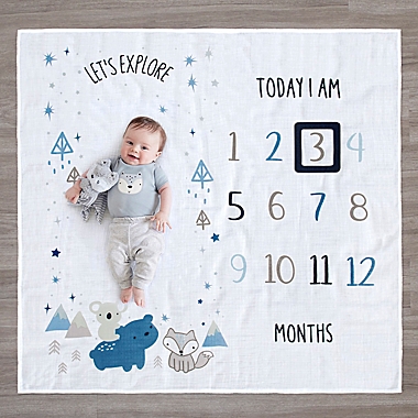 Gerber&reg; Explore Milestone Animals Cotton Muslin Blanket and Felt Frame in Blue. View a larger version of this product image.